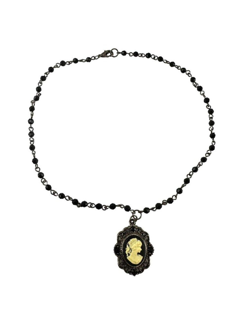 Cameo Pendant Necklace Black & Cream Silver Tone Beaded Chain
